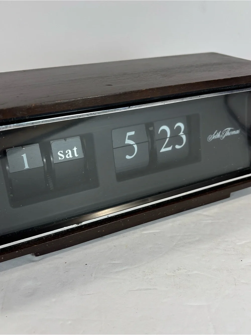 Vintage Seth Thomas Speed Read Flip Clock Day Date Model 0821 Wood Case Japan